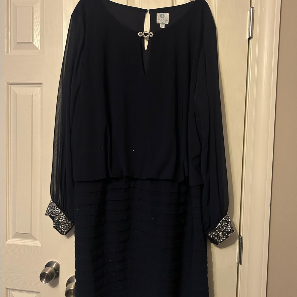 Elegant Navy Dress with Embellished Cuffs